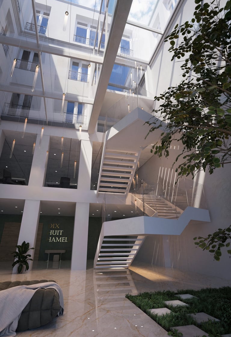 Rendu 3D photoréaliste d’un atrium moderne avec verrière, escalier blanc design, sol en marbre et suspensions lumineuses.