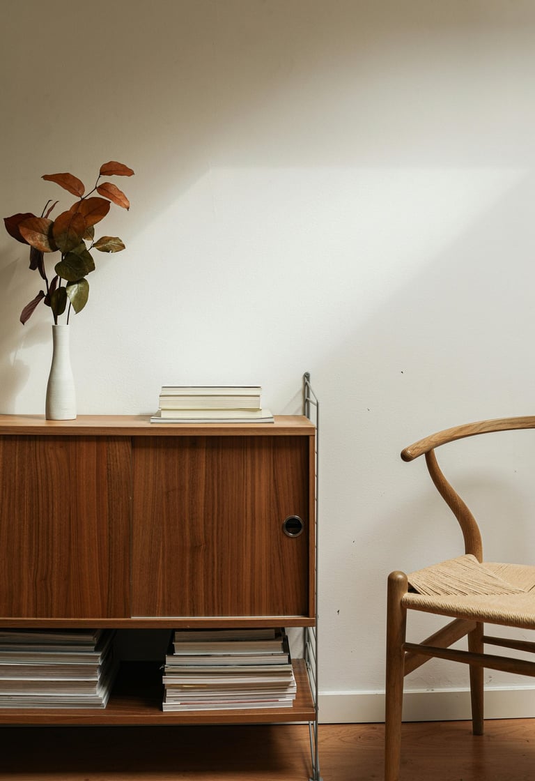 Interieur vintage minimaliste Enfilade avec des livres et une plante, à côté un fauteuil scandinave