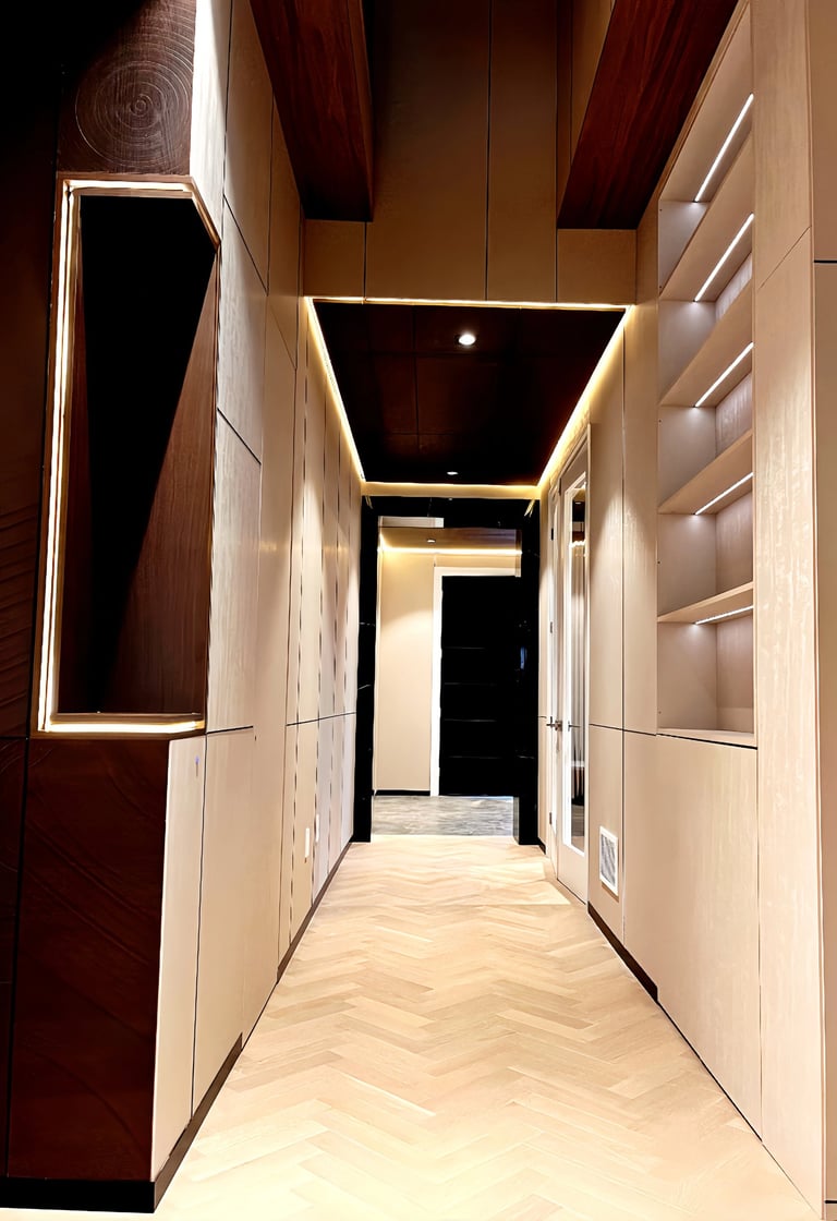 Modern luxury hallway featuring light oak herringbone wood floors, recessed LED cove lighting, and wood paneled walls.