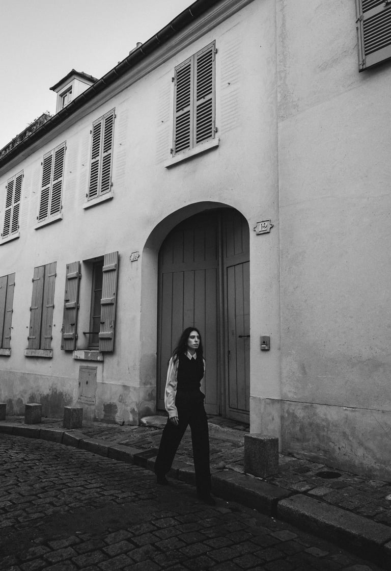 a woman in a black and white photo of a woman in a black and white