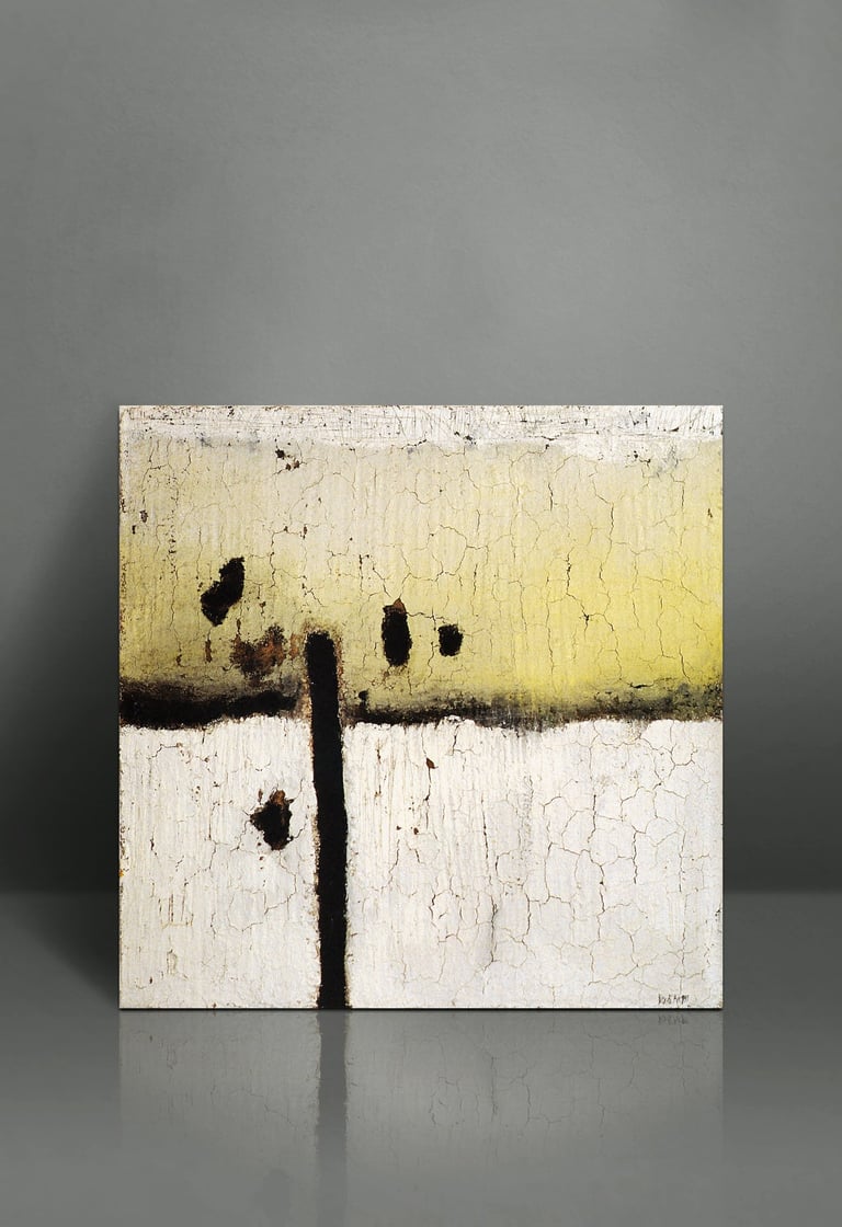 Minimalist abstract canvas painting with yellow and white crackle texture and black ink elements.
