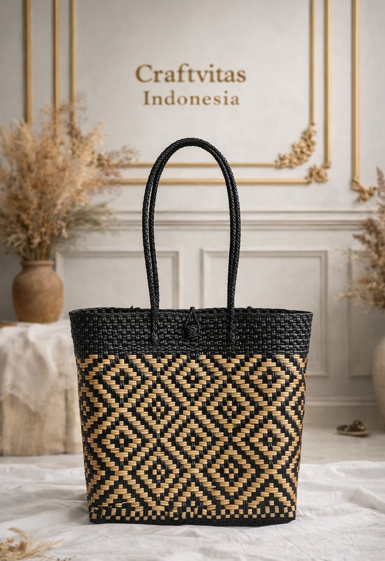 Tas anyaman plastik handmade warna hitam dengan motif natural ramah lingkungan dari Craftvitas Indonesia