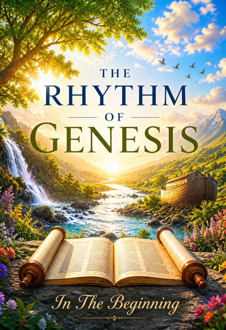 Devotional image for The Rhythm of Genesis with a sunrise valley, waterfall, scroll, and ark”