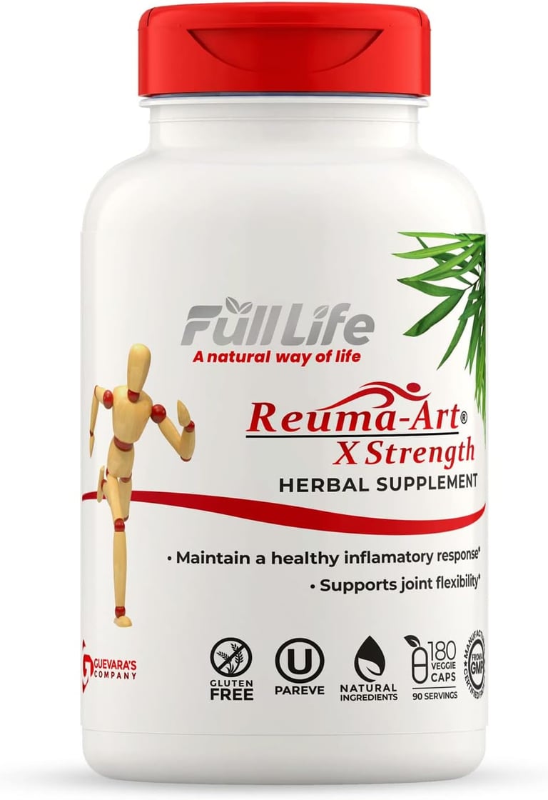 Bottle of Reuma-Art X Strength herbal supplement for joint flexibility and inflammatory response.