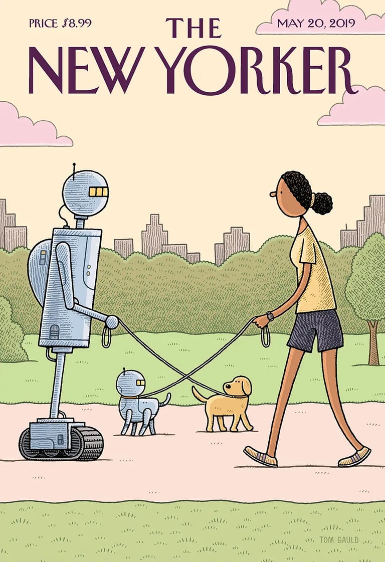 New Yorker cover from May 20, 2019 showing robot and human dog walkers in park.