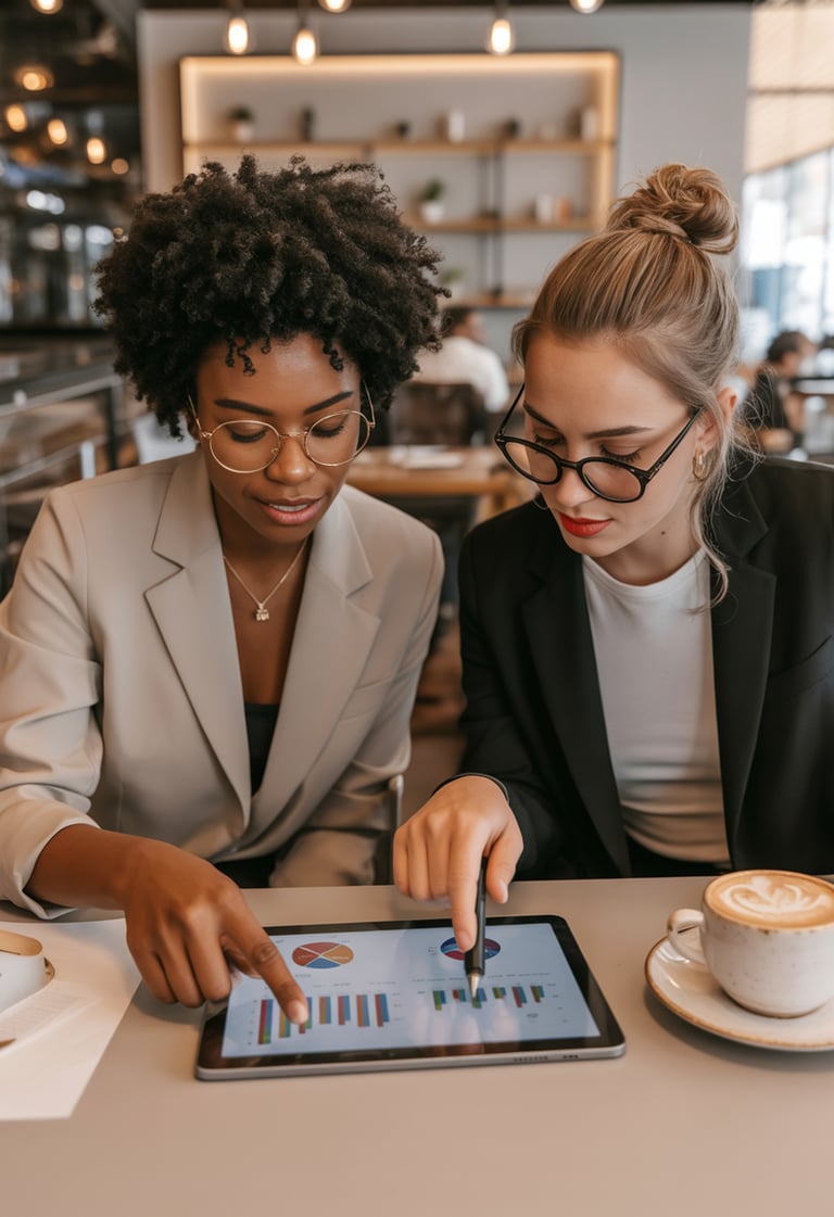 two women sitting at a table with a tablet