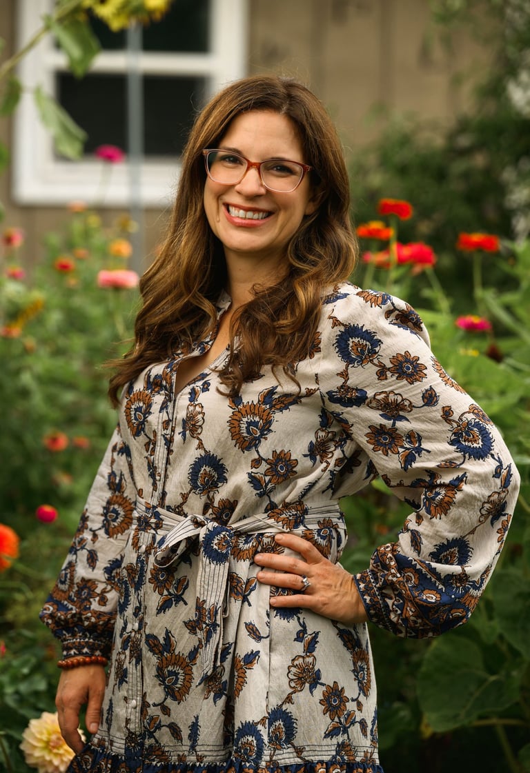 Julie Picchiotti Smiling in Front of Her Cut Flower Garden