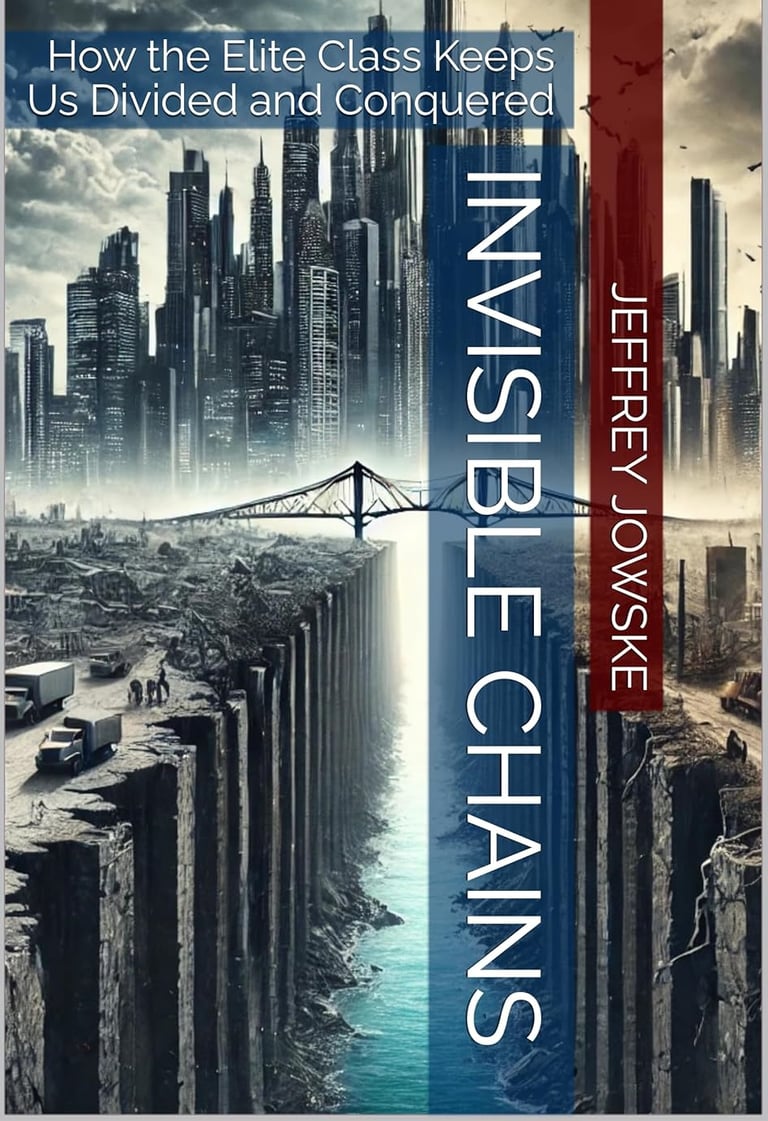 Book cover of “Invisible Chains: How the Elite Class Keeps Us Divided and Conquered” by Jeffrey Jowske, featuring a dystopian