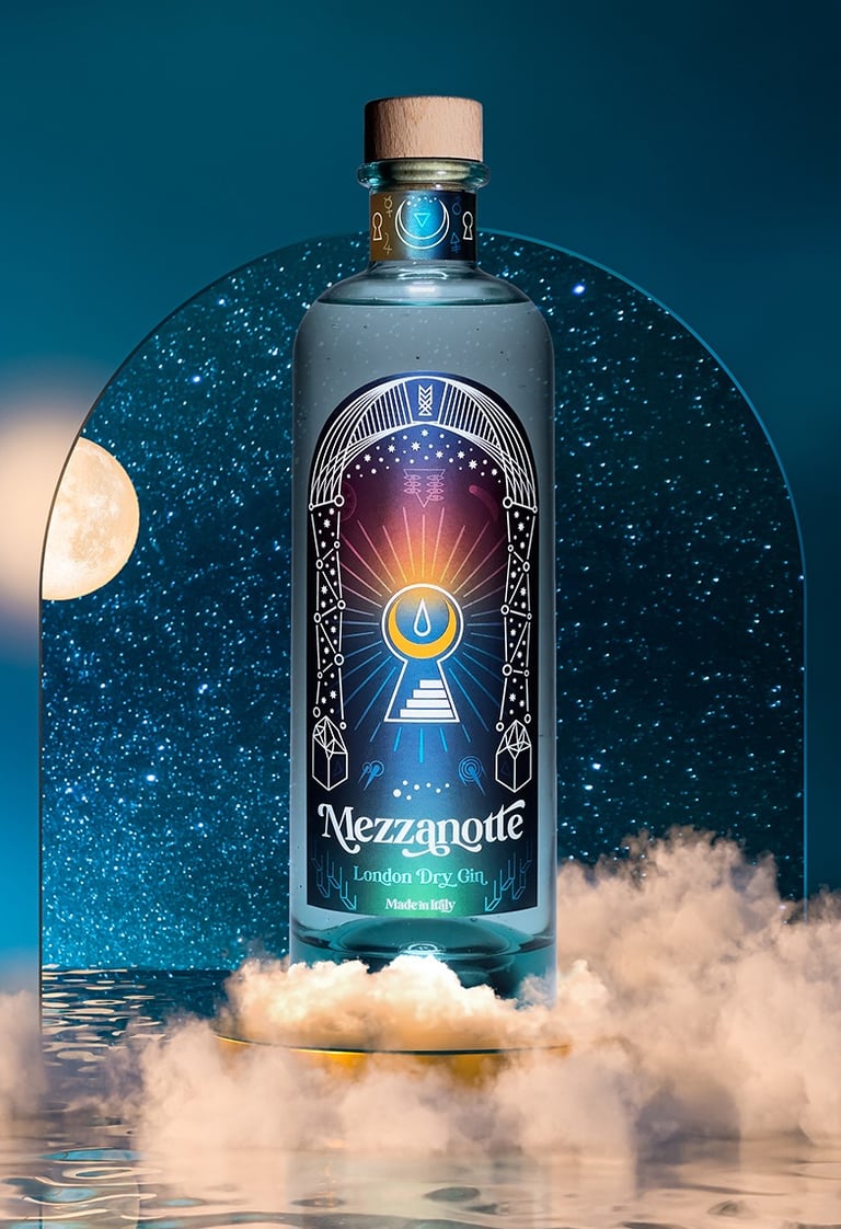una bottiglia di Gin Mezzanotte su uno sfondo stellato con la luna e alcune nuvole