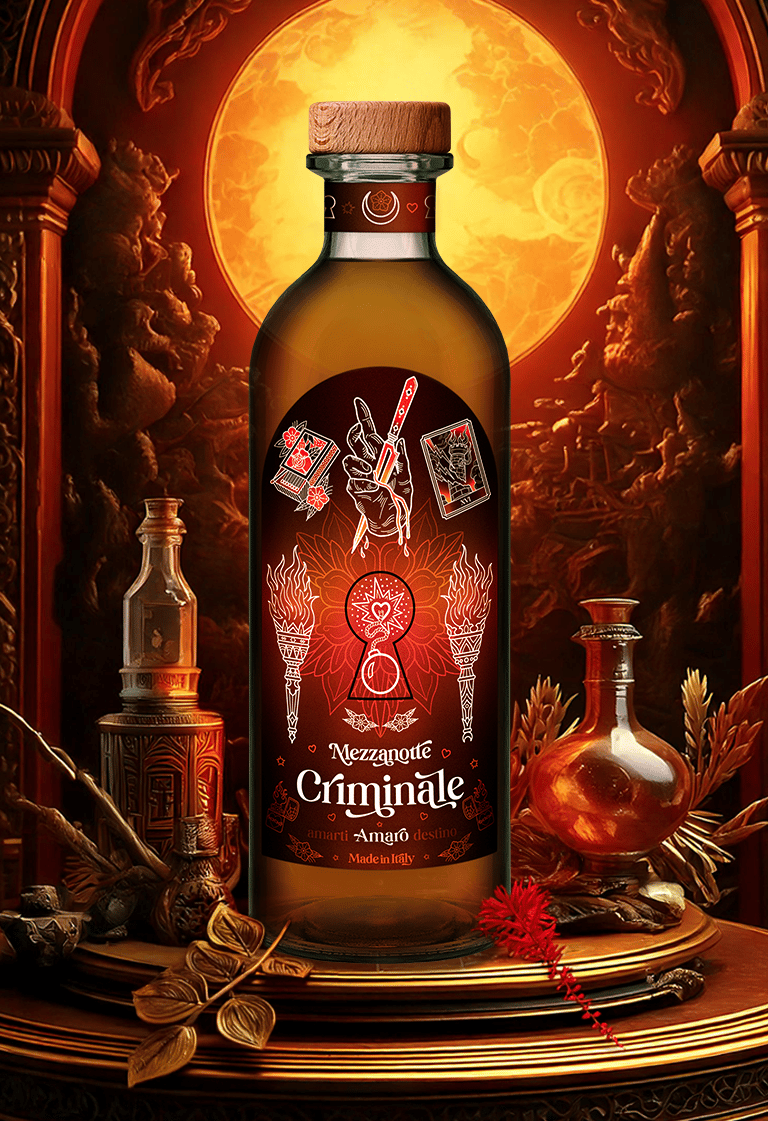 bottiglia di amaro Criminale con pozioni e foglie dorate sullo sfondo motivi orientali e la luna
