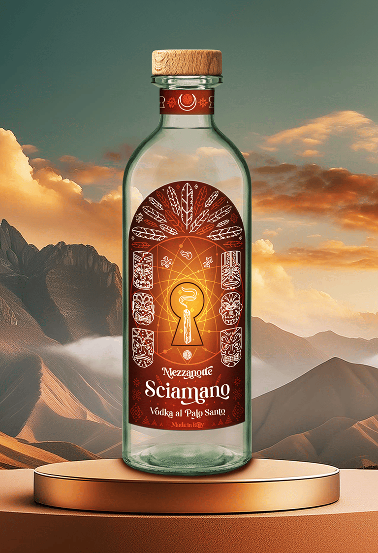 una bottiglia di vodka Sciamano, sullo sfondo un paesaggio montano illuminato dalle luci dell'alba