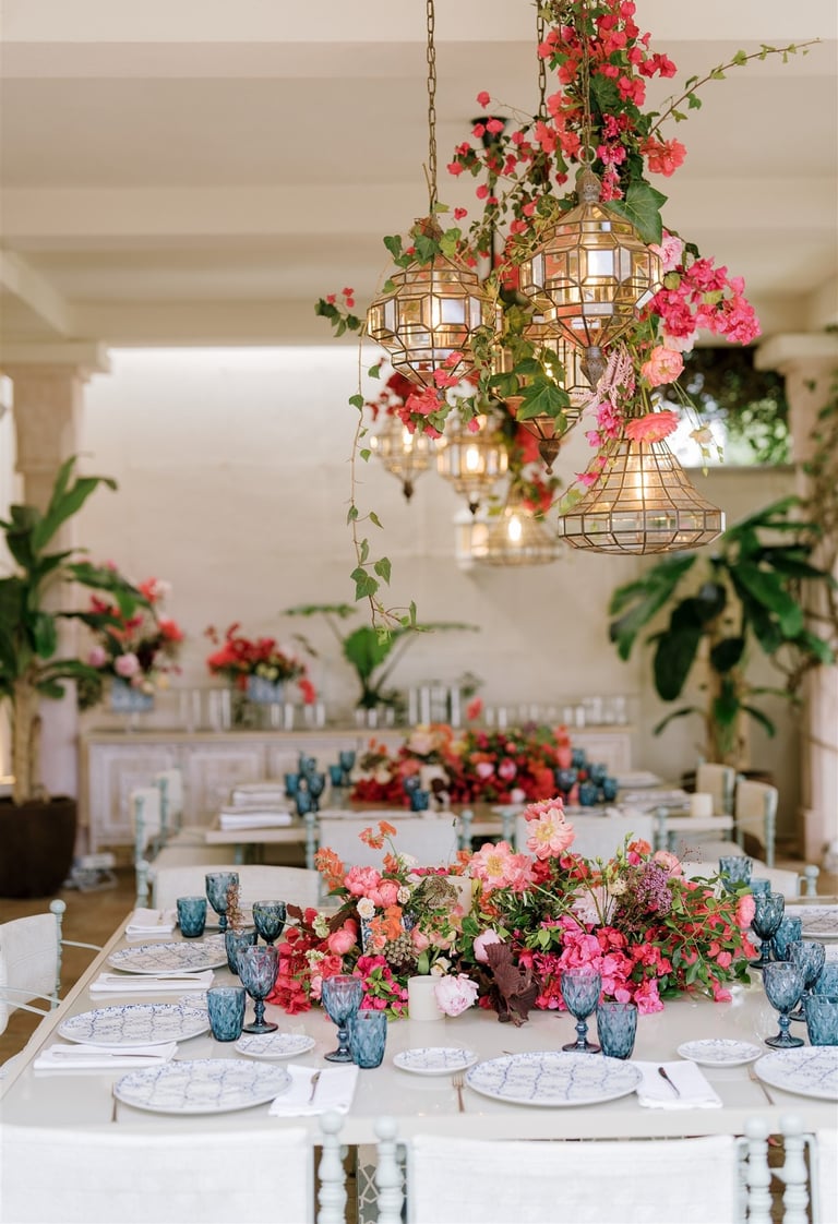 Outdoor dining area at Villa El Rincon in Marbella, with beautiful decorations for a Mediterranean destination wedding.