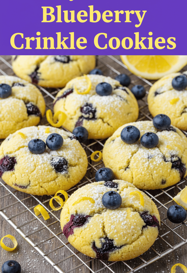 A vibrant display of easy lemon blueberry crinkle cookies on a cooling rack,.