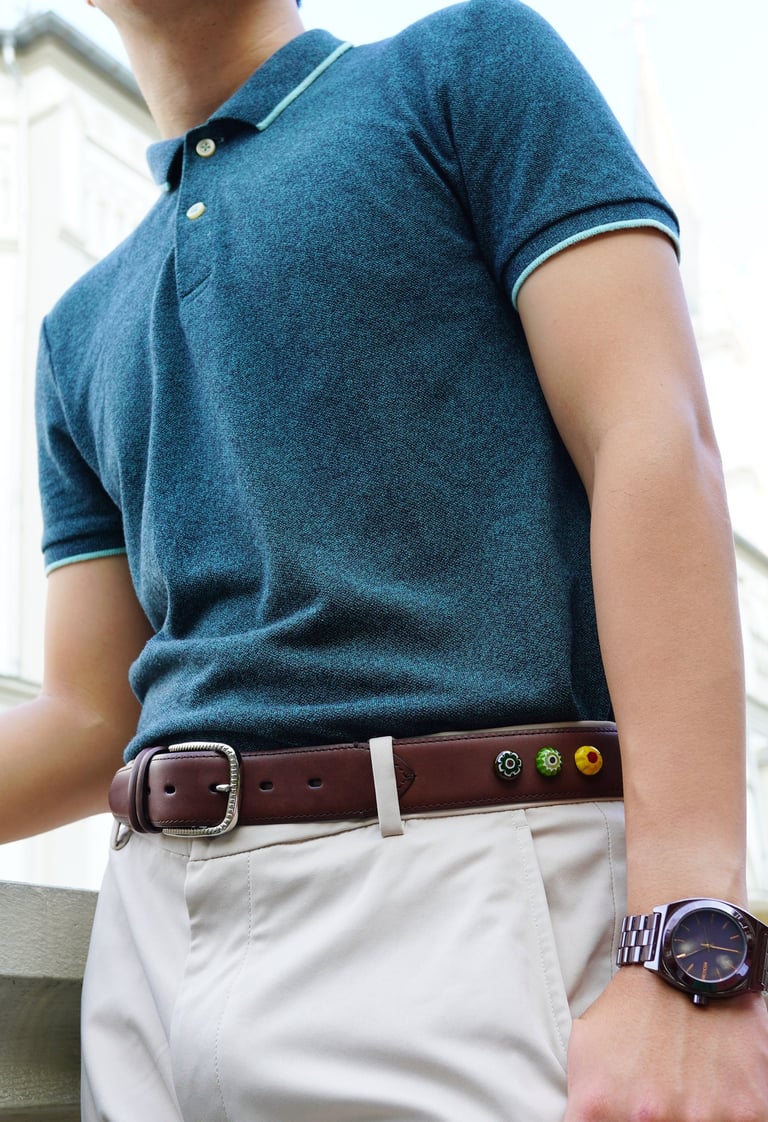 guy in cyan polo tee and brown belt | olio my shop
