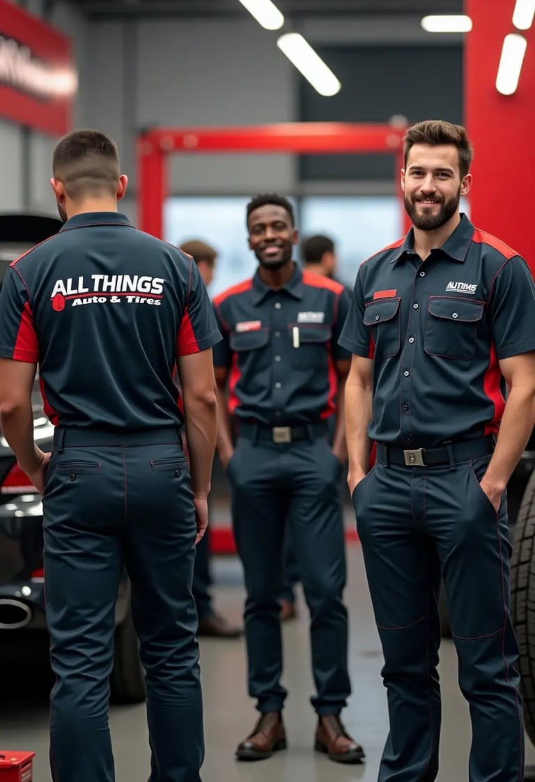  "Mechanics at All Things Auto & Tires in uniform, standing and smiling inside a professional auto r