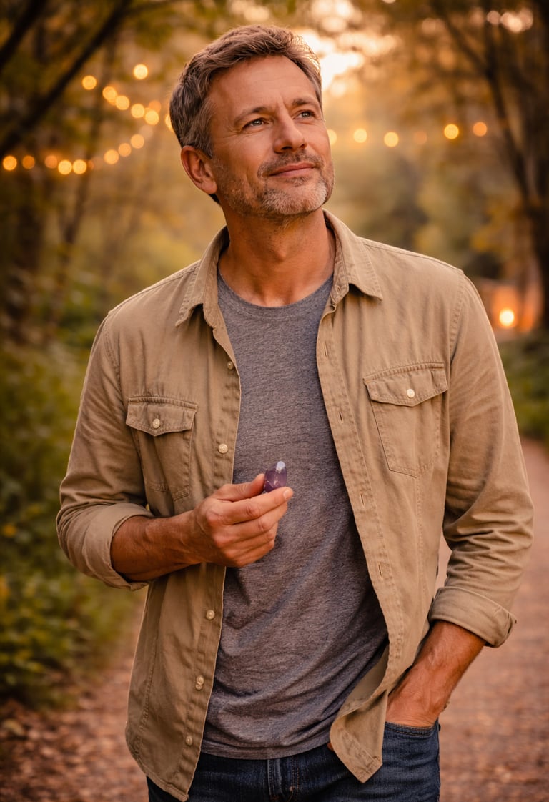 A smiling middle-aged man holding a purple amethyst crystal while walking on an outdoor path at sunset.