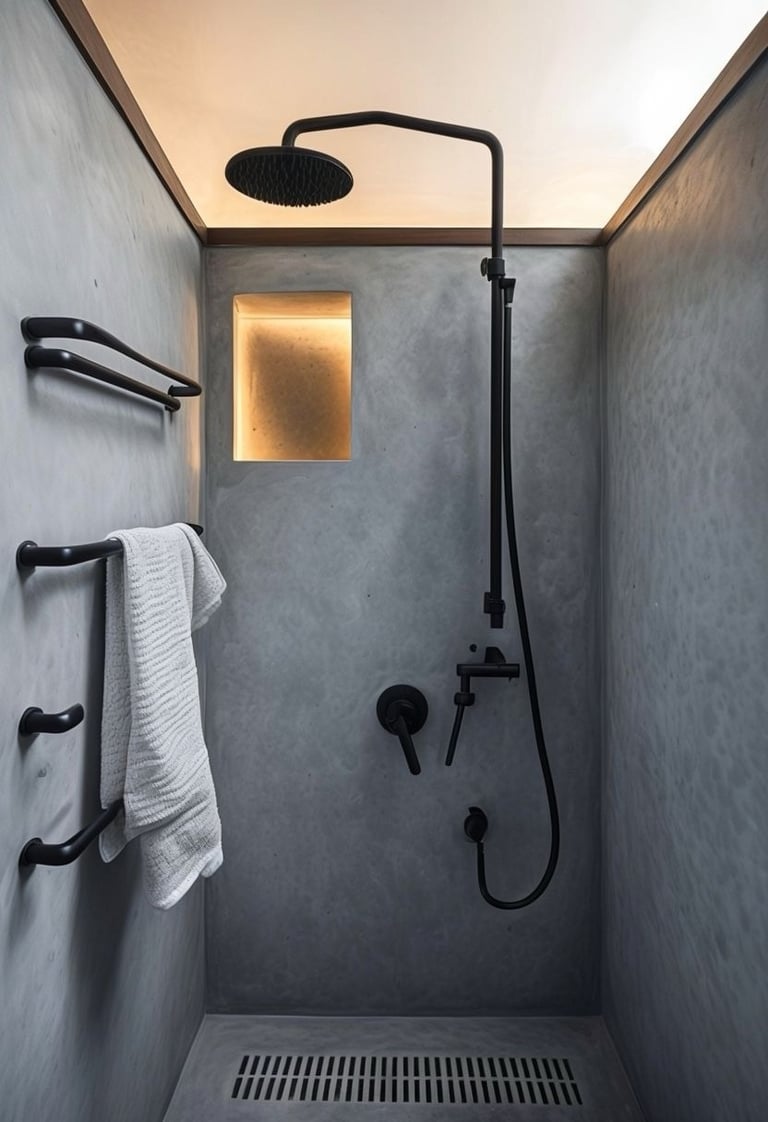 Modern walk-in concrete shower with matte black rainfall shower head and industrial hardware.