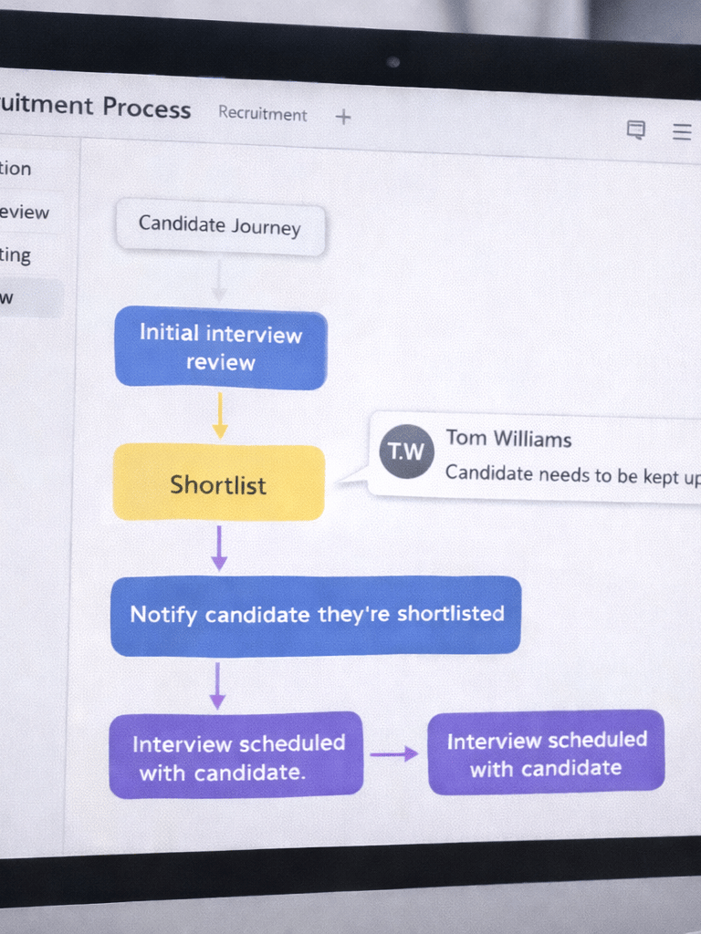 Digital recruitment process flowchart showing candidate journey steps from initial review to interview scheduling