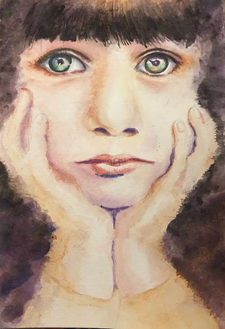 a watercolor painting of a girl with green eyes