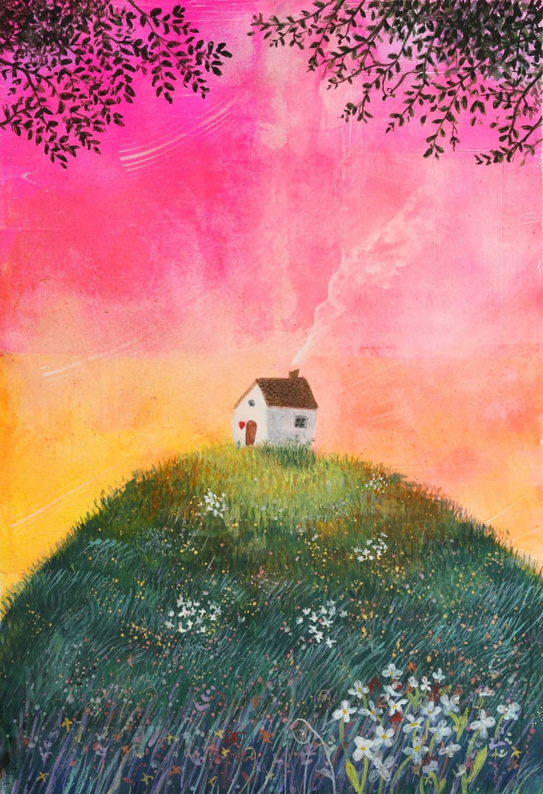 house on hill - whimsical wall art uk