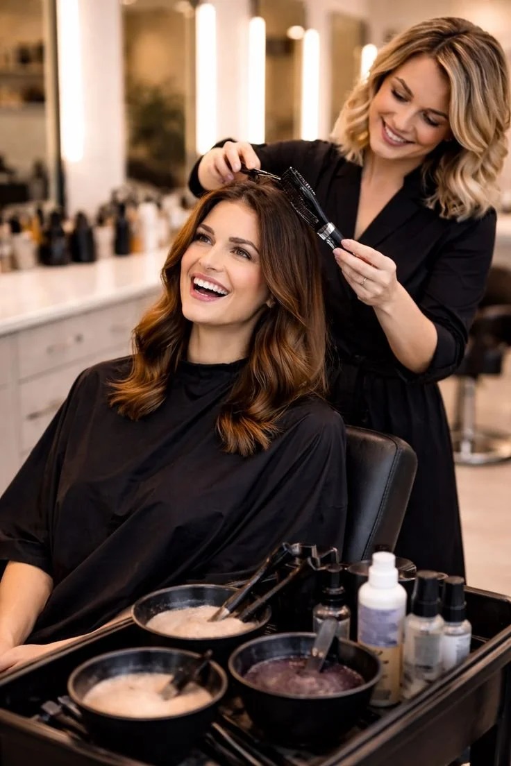 Professional hair stylist styling a smiling woman's brunette hair in a modern luxury salon.