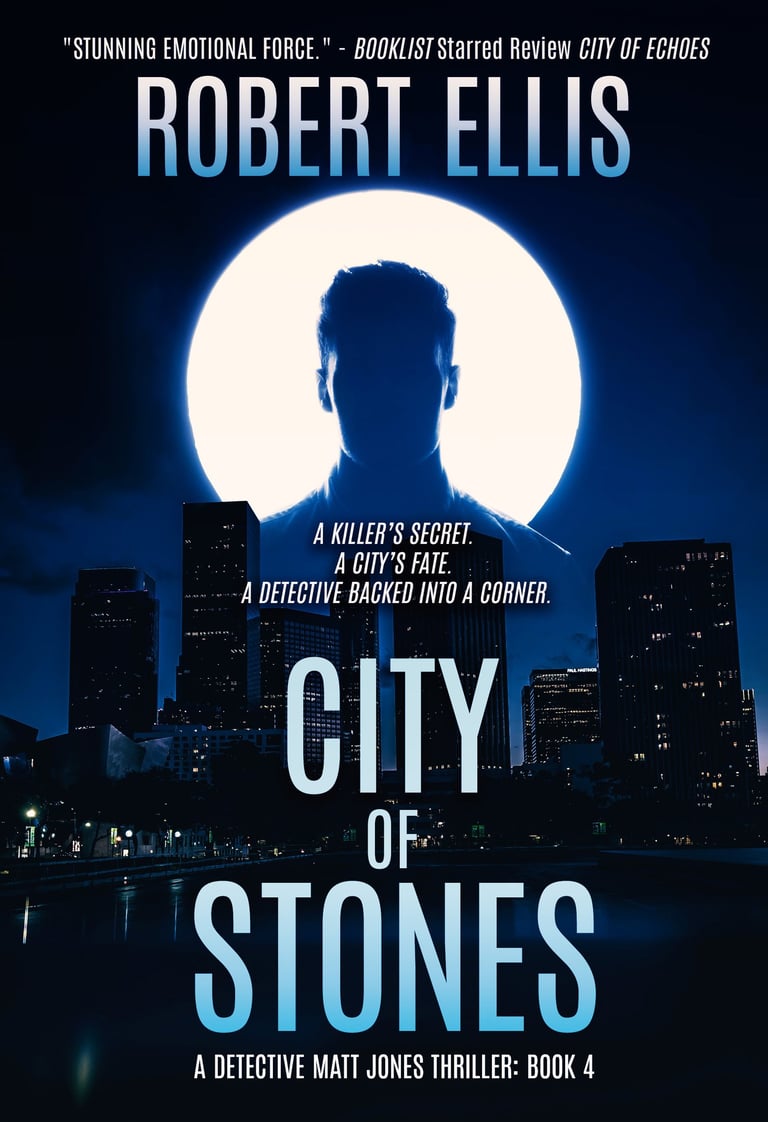 Cover of 'City of Stones' by Robert Ellis, featuring a dark, moody cityscape with Matt Jones silhouette.