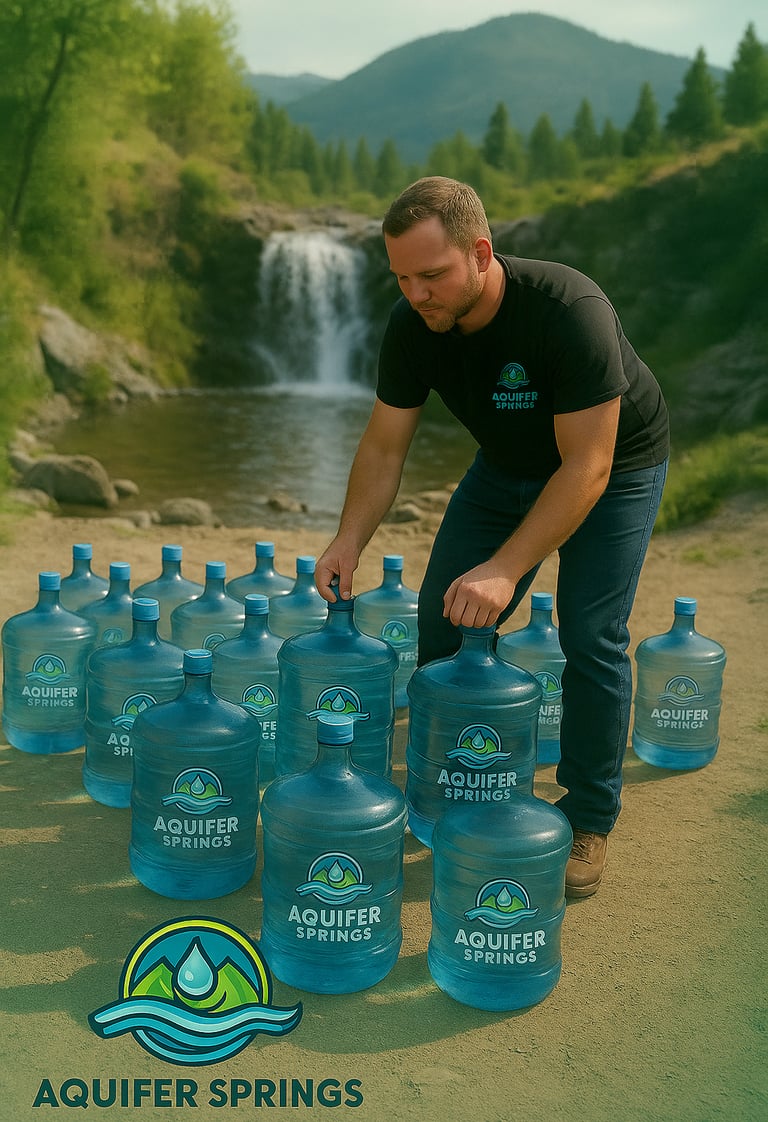 Twenty Aquifer Springs jugs and a man in branded shirt beside a waterfall, forest, and mountains