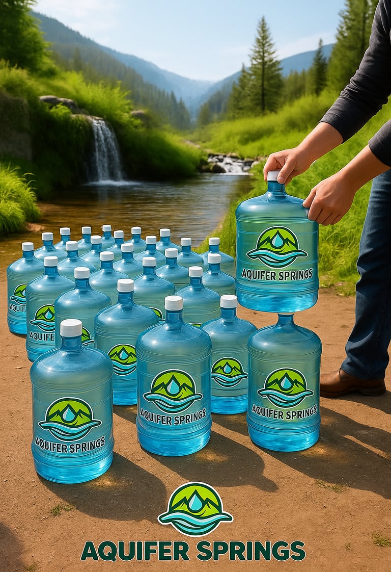 Thirty Aquifer Springs jugs with a man’s arms and leg by a waterfall, mountains, trees, and greenery