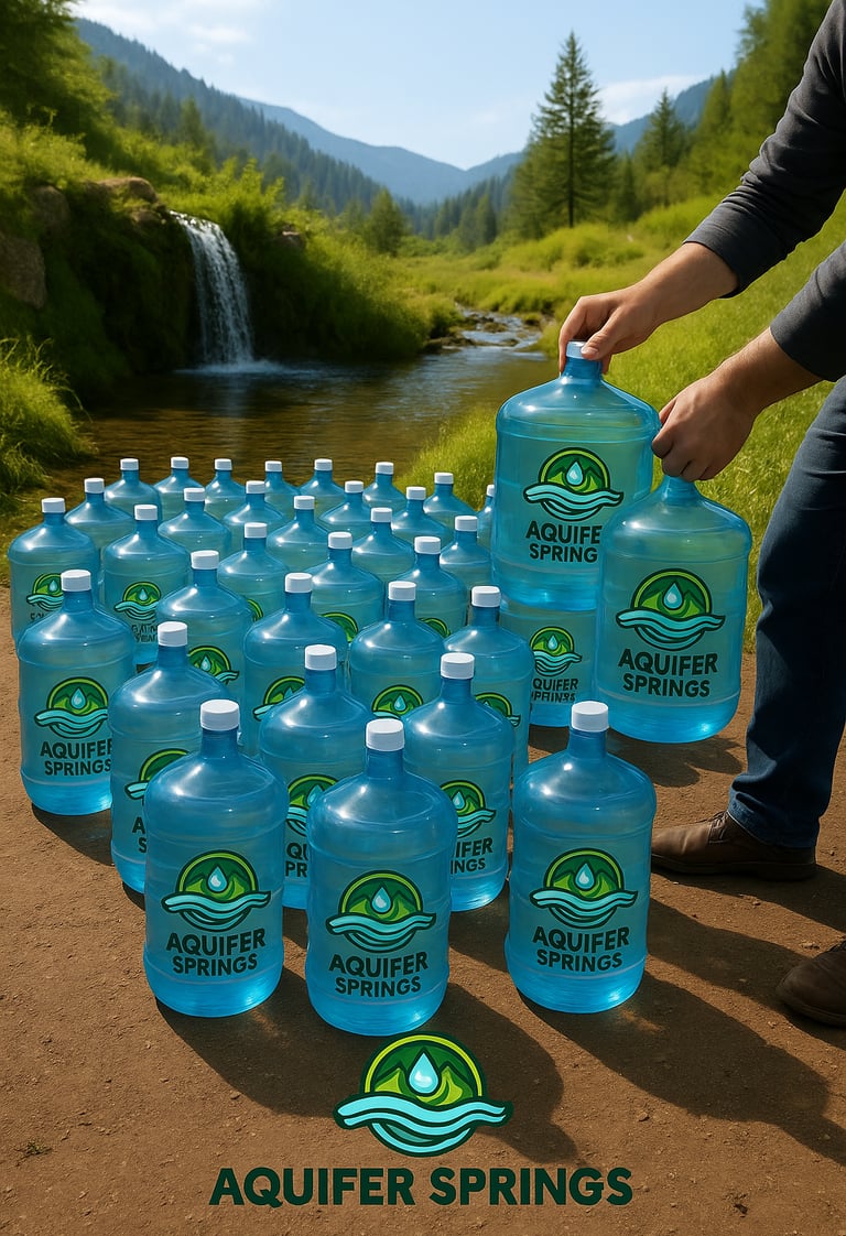 Fifty Aquifer Springs jugs with logo, man’s arms and leg, by waterfall, mountains, trees, and greene