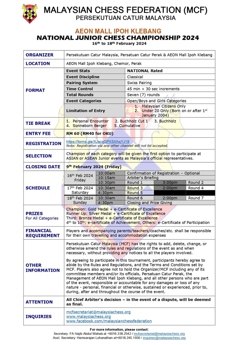 Malaysia Chess. Catur Malaysia. Malaysian Chess Federation. National Junior Chess Championship 2024