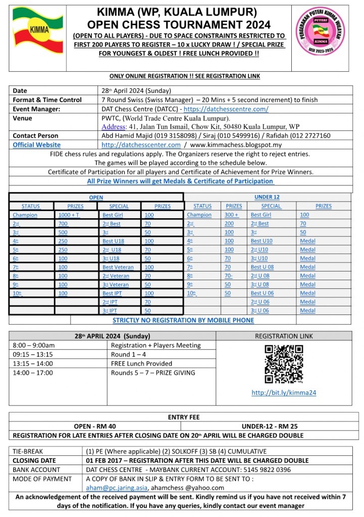 Malaysia Chess KIMMA (WP Kuala Lumpur) Open Chess Tournament 2024 