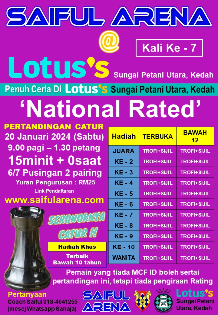 Malaysia Chess. Catur Malaysia.Pertandingan Catur Saiful Arena - Lotus's Ke-7 (National Rated Event)