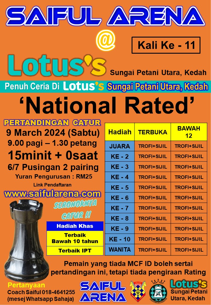 Pertandingan Catur Saiful Arena Lotus Kedah. Catur Kedah. Malaysia Chess