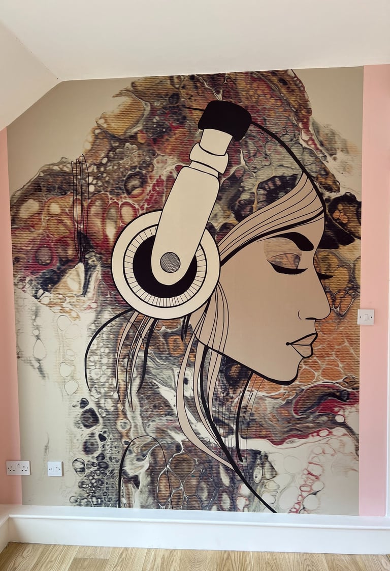 Hand painted art mural in Worthing Sussex, modern woman with headphones interior wall art