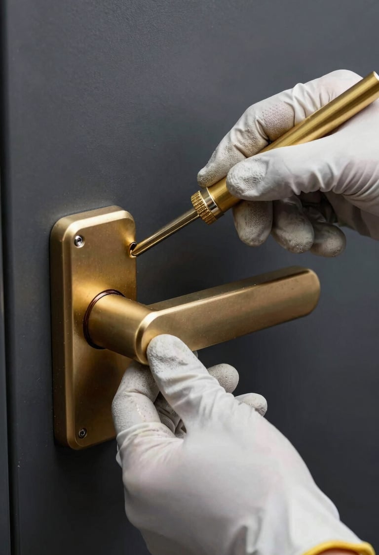 Close-up of a professional locksmith's hands, wearing clean gloves, meticulously working on an advanced car lock system, studio lighting, crisp focus, metallic gold tools.