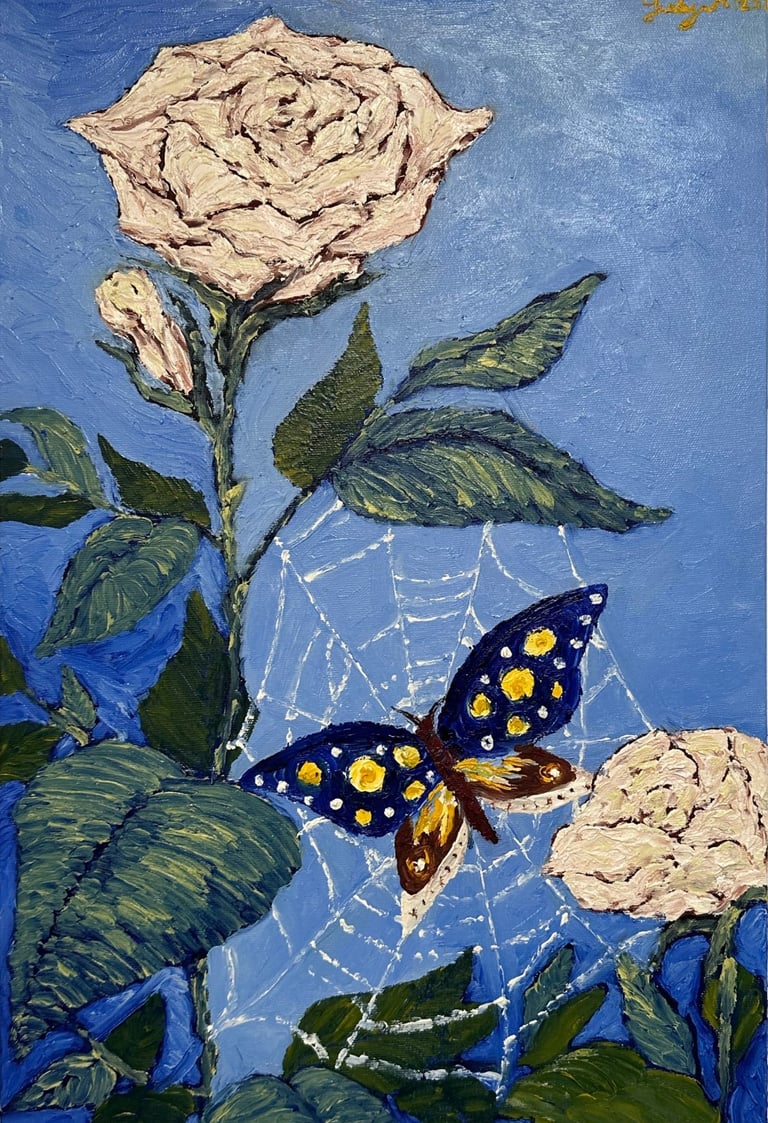 Judy Mazzotti olio su tela 2025 raffigura dipinto con rose farfalla e ragnatela