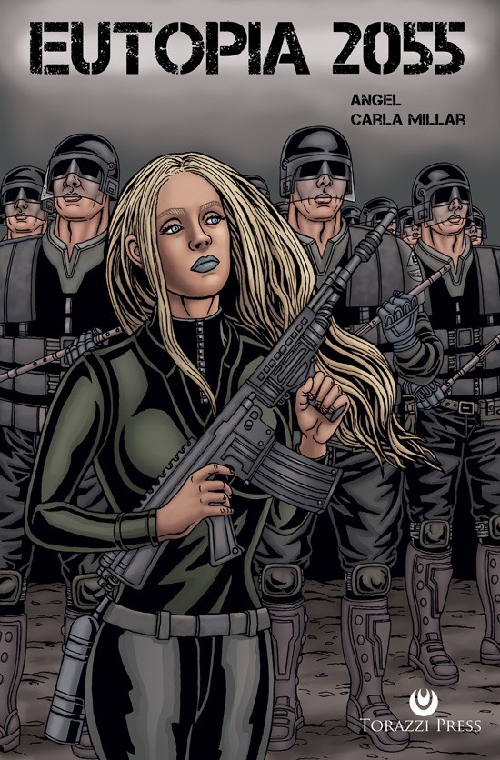 Artwork of a futuristic woman soldier in front of male soldiers outdoors.