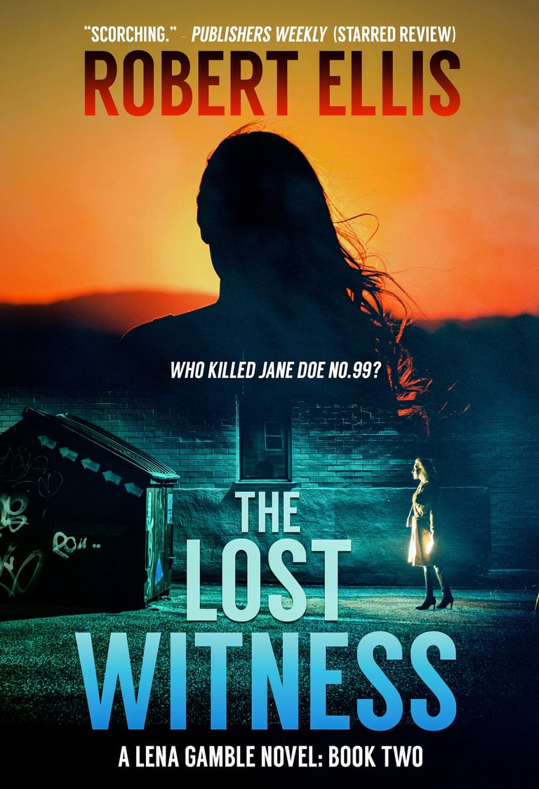 Cover of 'The Lost Witness' by Robert Ellis, featuring a silhouette of Lena Gamble over an eerie image of a girl in an alley.
