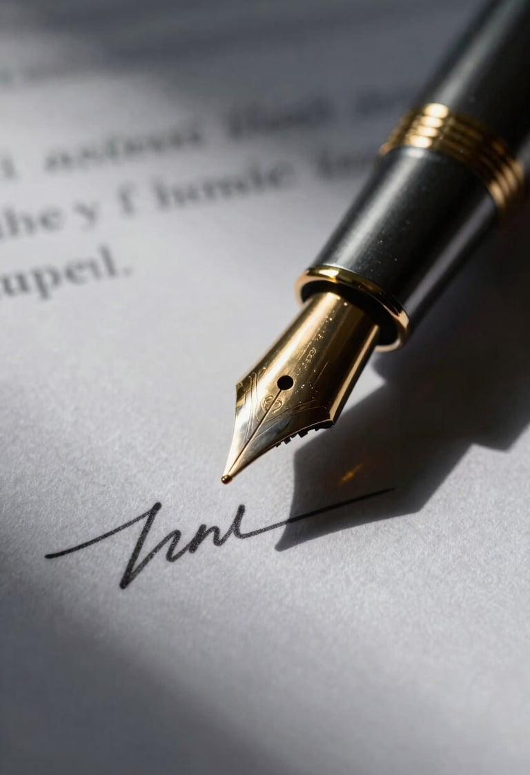 Macro close-up of a fountain pen resting on a signed legal document, textured paper, dramatic side lighting, deep shadows, metallic gold reflections.