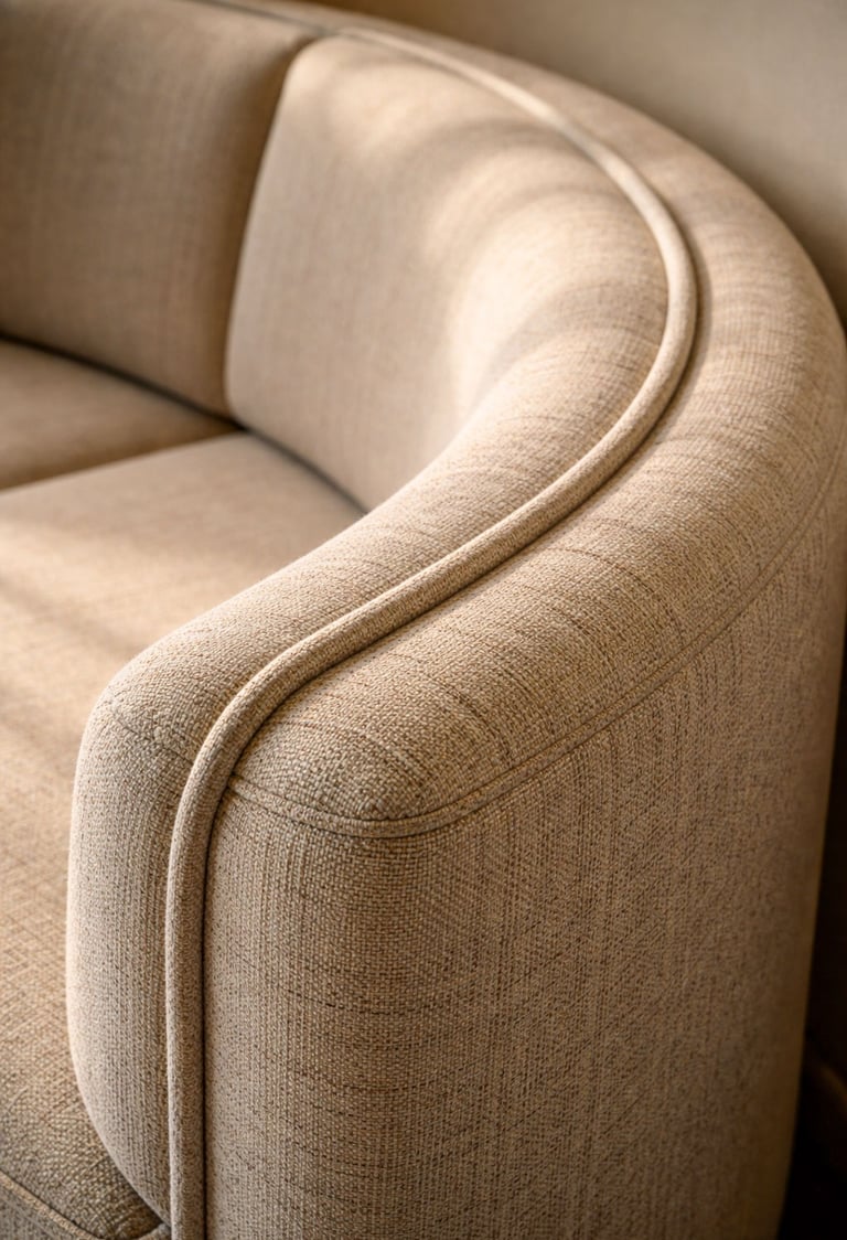 Close-up detail of a custom made banquette showing curved radius, stitching, and upholstery texture