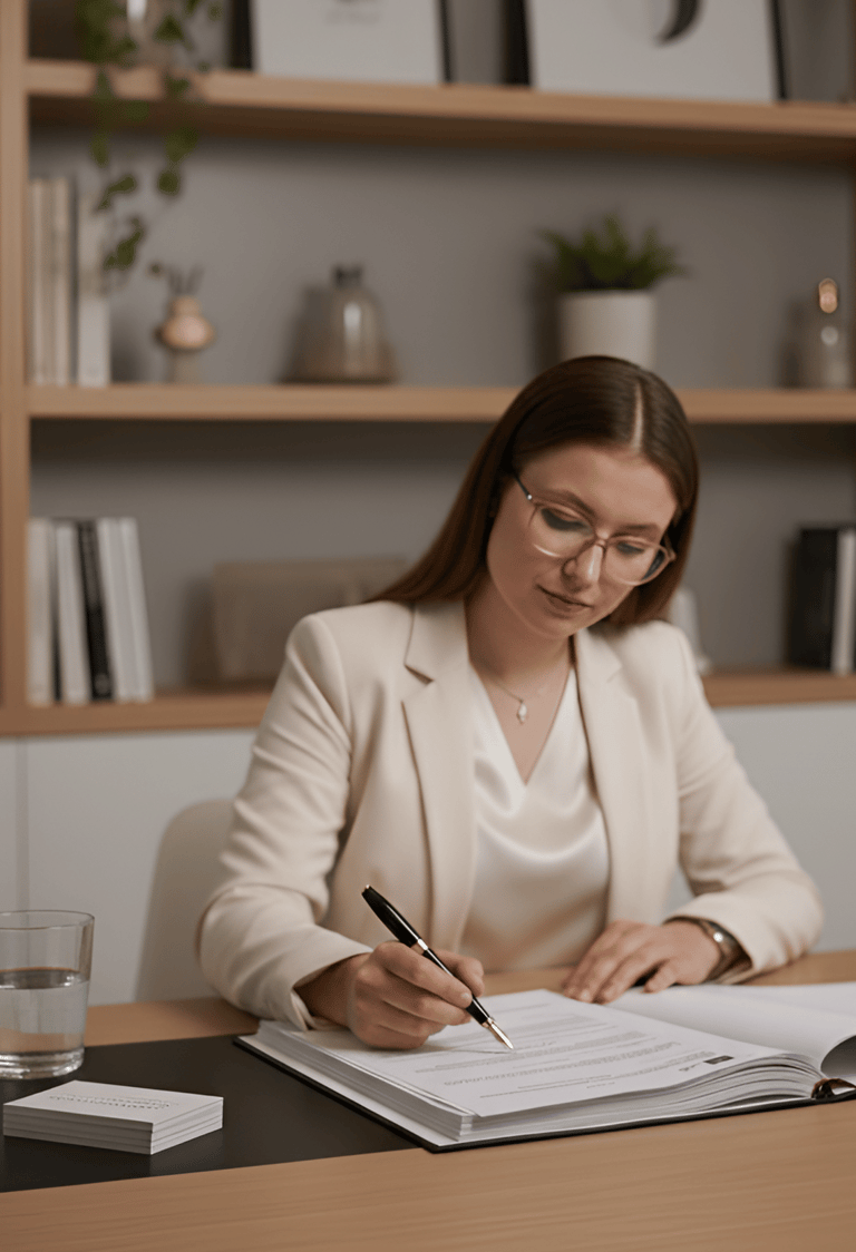 mujer joven en oficina sentada escribiendo anotaciones en libro