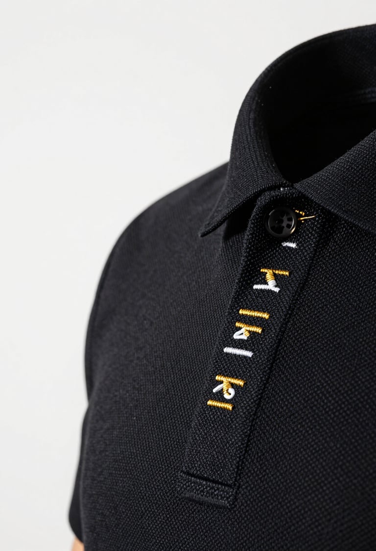 Extreme close-up of premium embroidery on a black polo shirt collar, studio strobe on white background, gold and white thread texture razor-sharp, needle holes visible in fabric weave, subject occupies right two-thirds of frame with generous negative space to the left