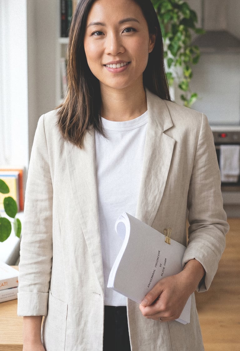 Smiling Asian professional woman in a beige blazer holding a screenplay in a modern office.