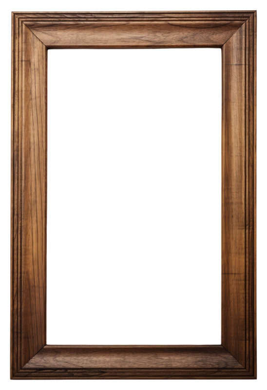 Empty vintage dark brown wooden picture frame with visible grain isolated on white background.