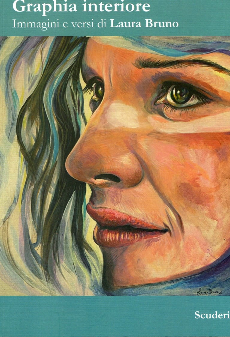 Oil painting book cover of Graphia Interiore by Laura Bruno featuring a woman's expressive face.