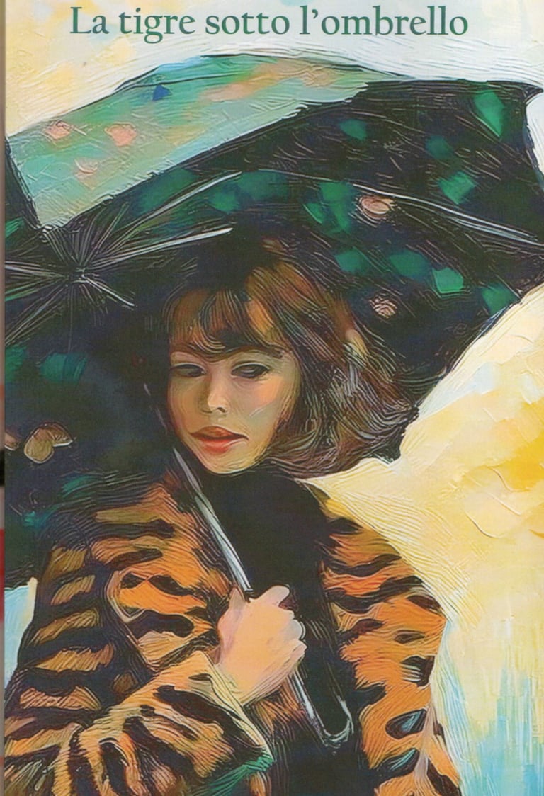 Book cover for La tigre sotto l'ombrello by Amalia Leo, featuring an oil painting of a woman in a tiger coat.