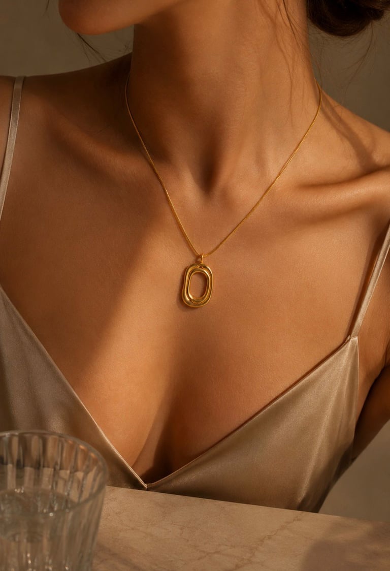 Gold pendant necklace styled with a satin champagne top in warm sunlight.