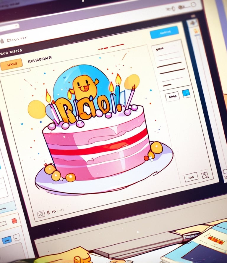 A computer screen displaying a birthday cake design on a digital art software, illustrating the crea