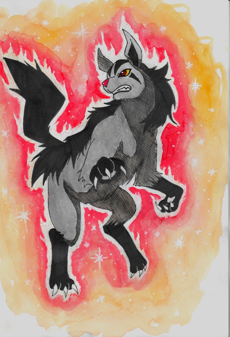 marker and water color painting of mightyena . pokemon thrird gen.