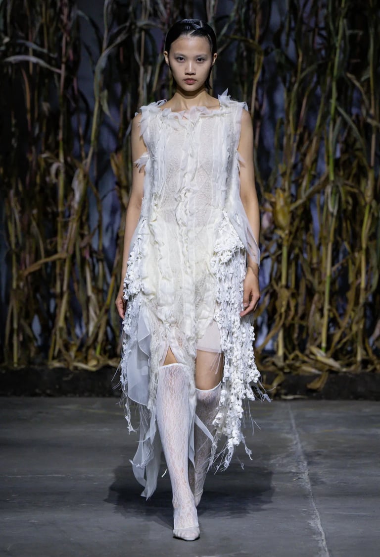 a woman in a white dress and stockings on a runway